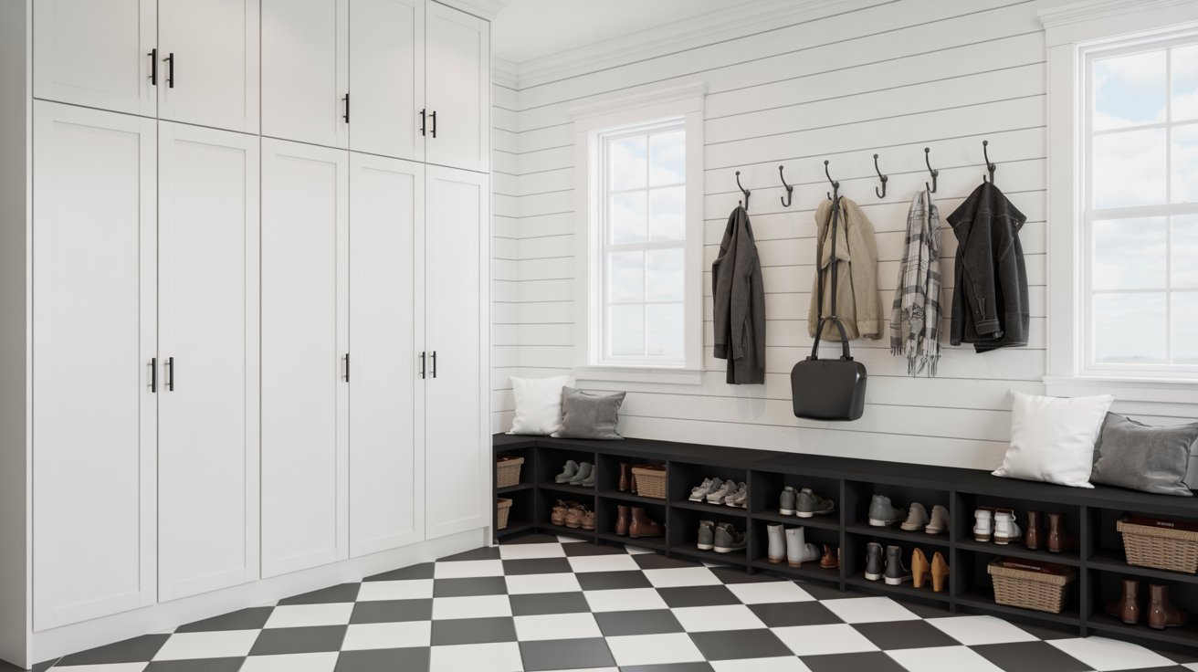 "Black and white mudroom with shiplap walls, black cabinetry, and checkerboard tile entryway flooring."