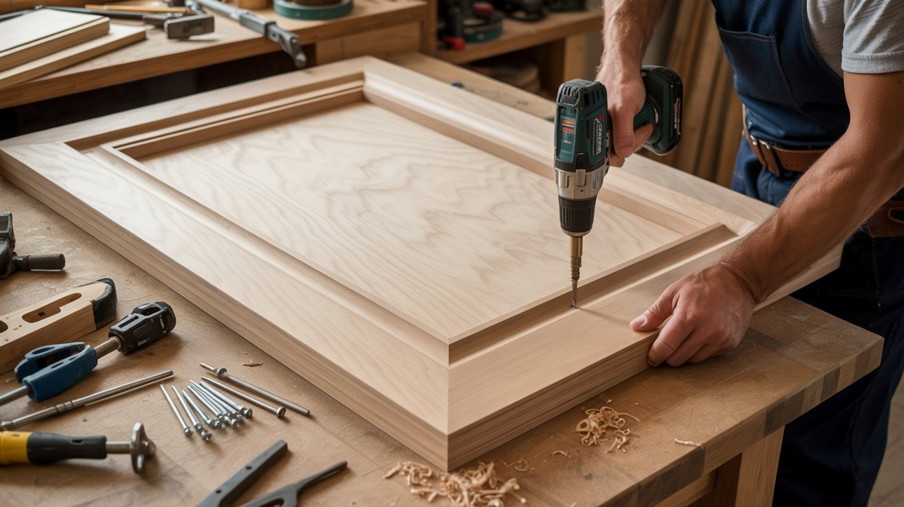 Attaching plywood panel to wooden shed door frame using screws and tools.