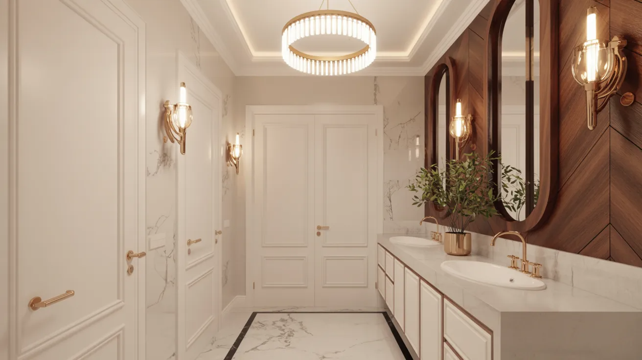 Luxury hallway bathroom with marble, gold accents, and elegant lighting.