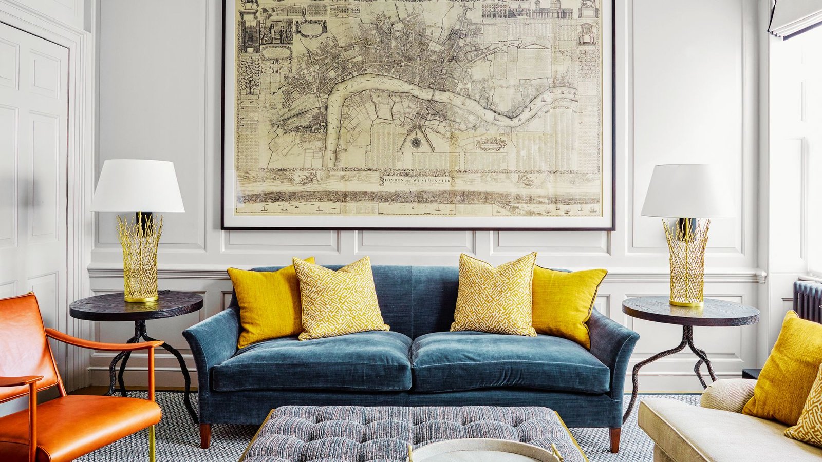 Sofa positioned against a solid wall in a cozy living room.