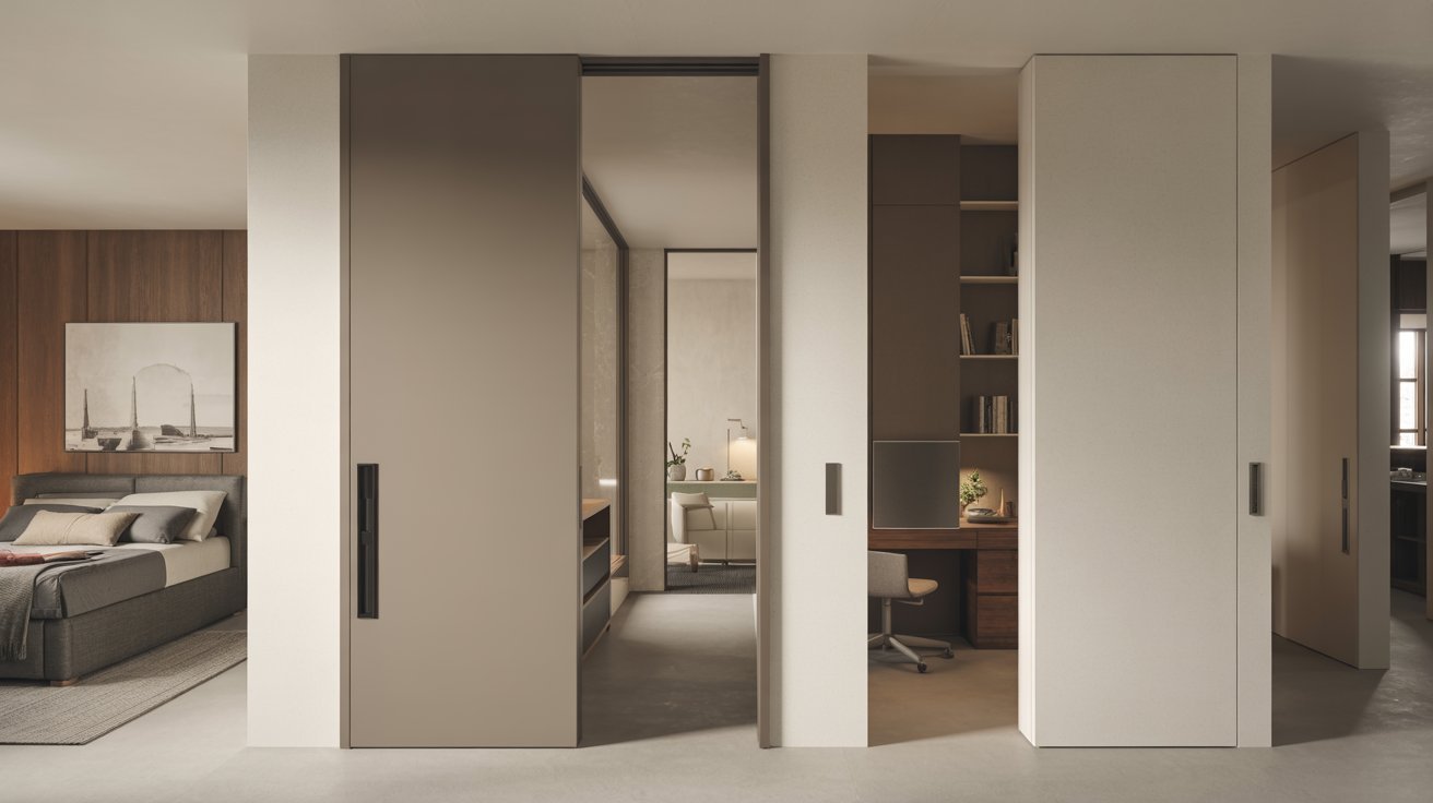 Pocket door sliding into hidden wall cavity in modern interior, maximizing space efficiently.