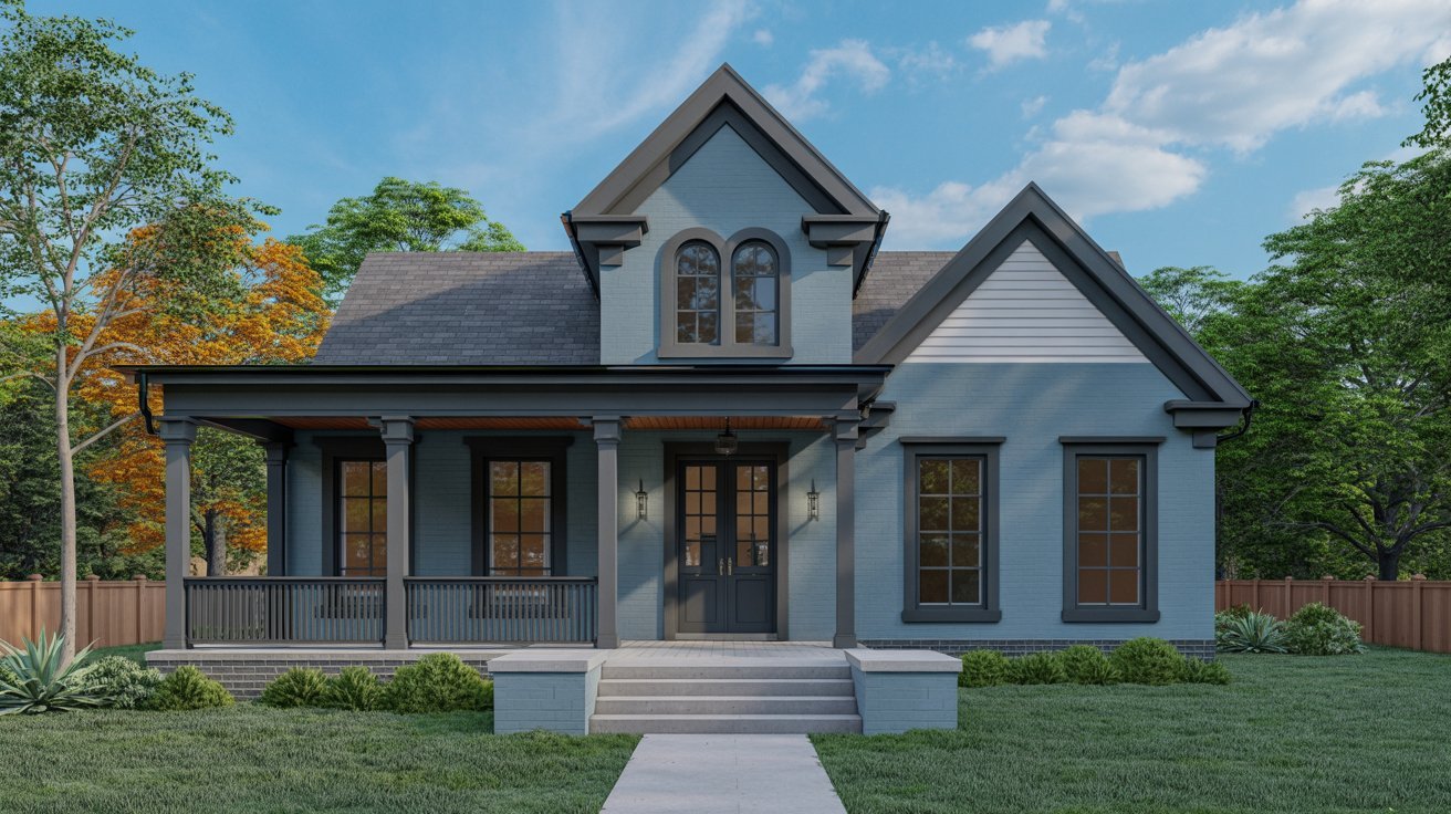 Blue house with a striking black front door creating strong contrast.