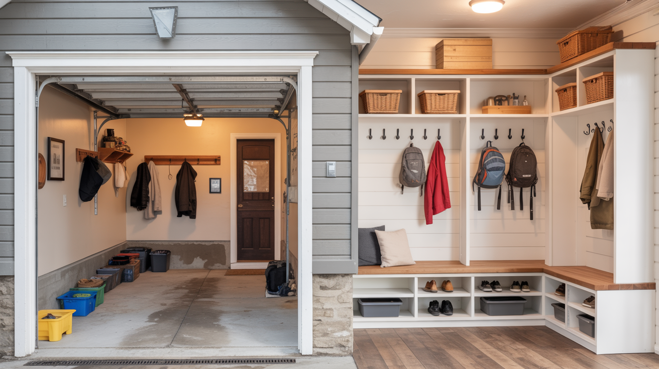 Garage space transformed into a functional mudroom near the home entry