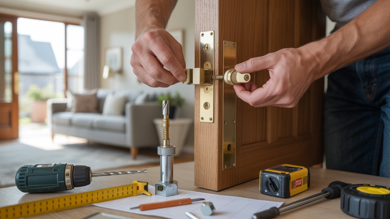"Homeowner positioning door closer mounting template on wooden door frame with tools laid out for installation in a modern entryway"