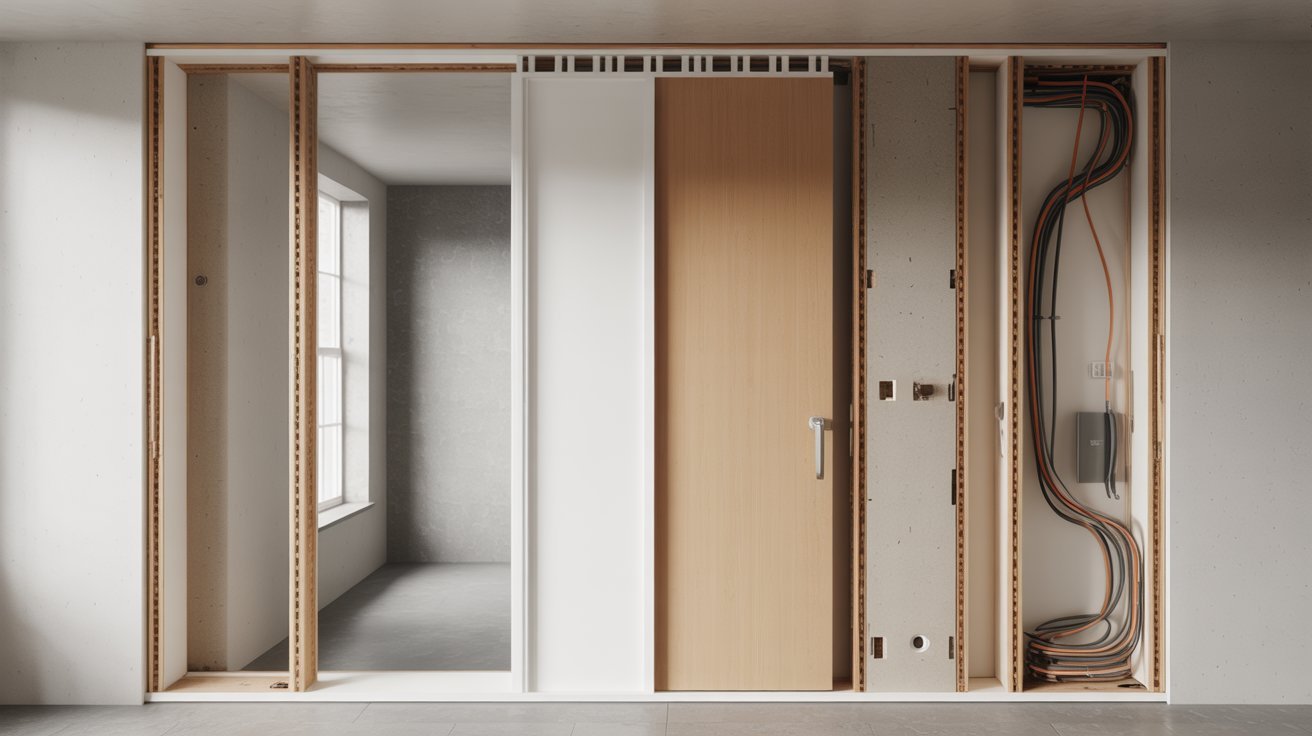 "Cutaway view of a residential wall showing step-by-step pocket door installation with exposed studs, track system, and sliding door inside the wall cavity"