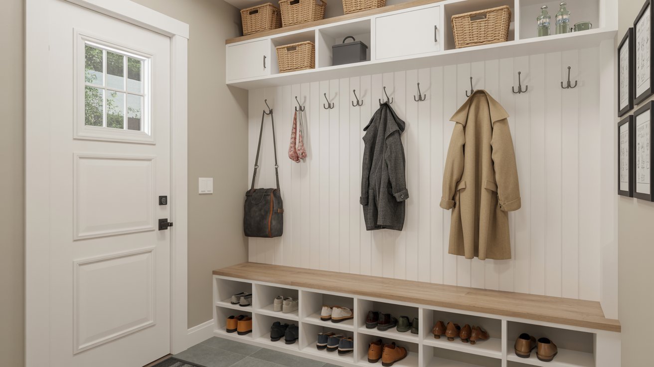 Shoe and coat storage setup in a mudroom.
