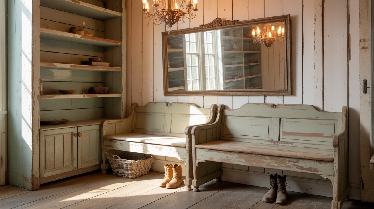 Vintage influenced farmhouse board and batten entryway.