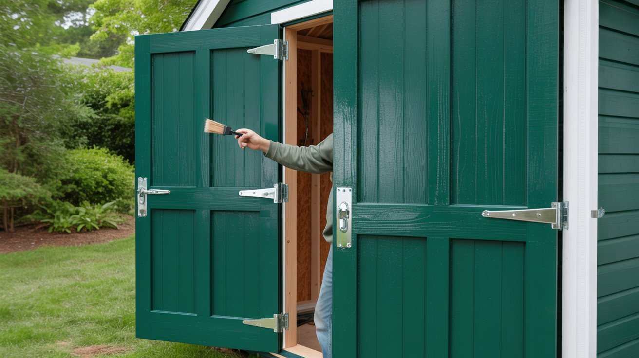 Completed double shed doors receiving final adjustments, paint touch-ups, and testing.