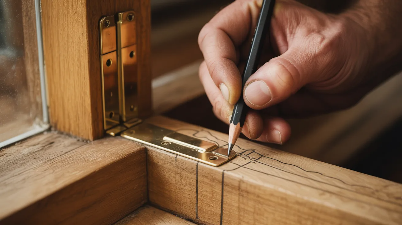 Tracing hinge outlines on a wooden door and frame
