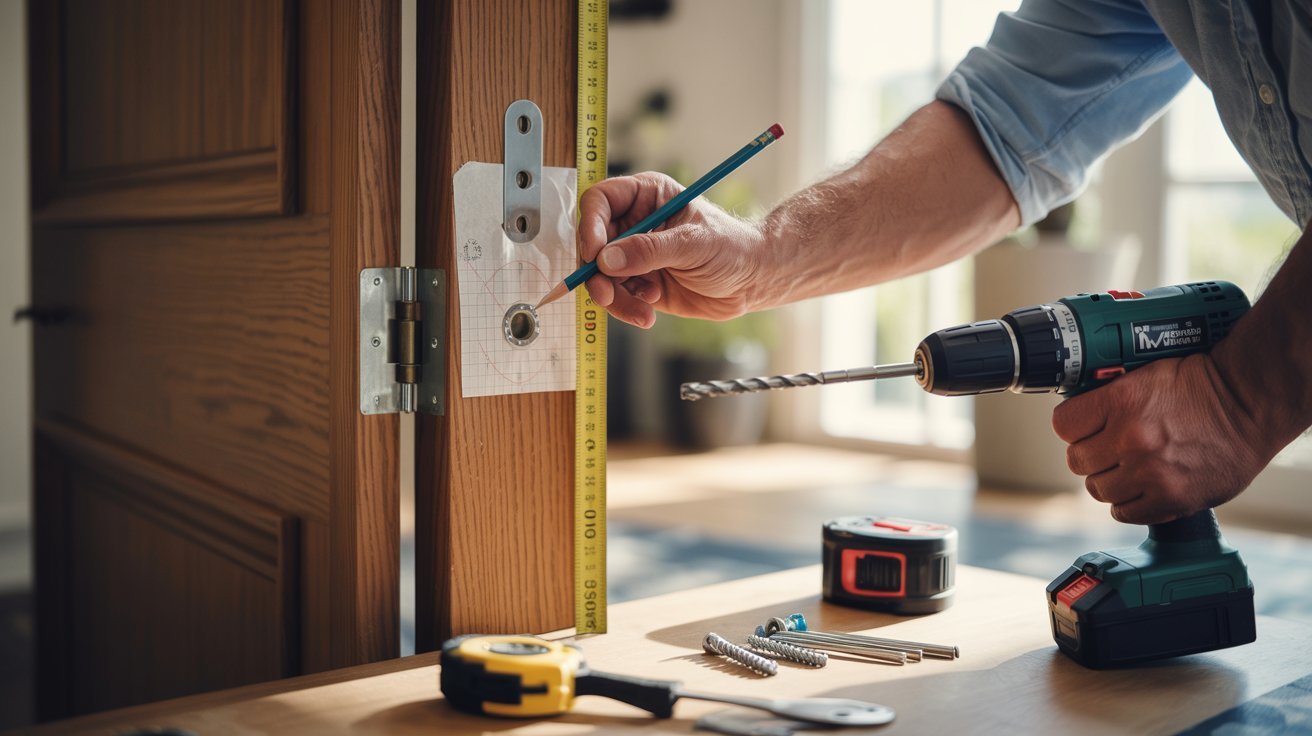 "Homeowner marking and drilling pilot holes on wooden door using a door closer template with tools arranged nearby in a modern entryway scene"