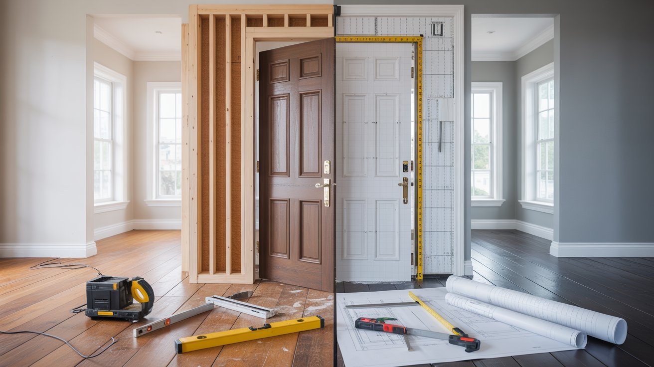 Home renovation scene showing door widening and narrowing process with exposed framing and construction tools in modern interior