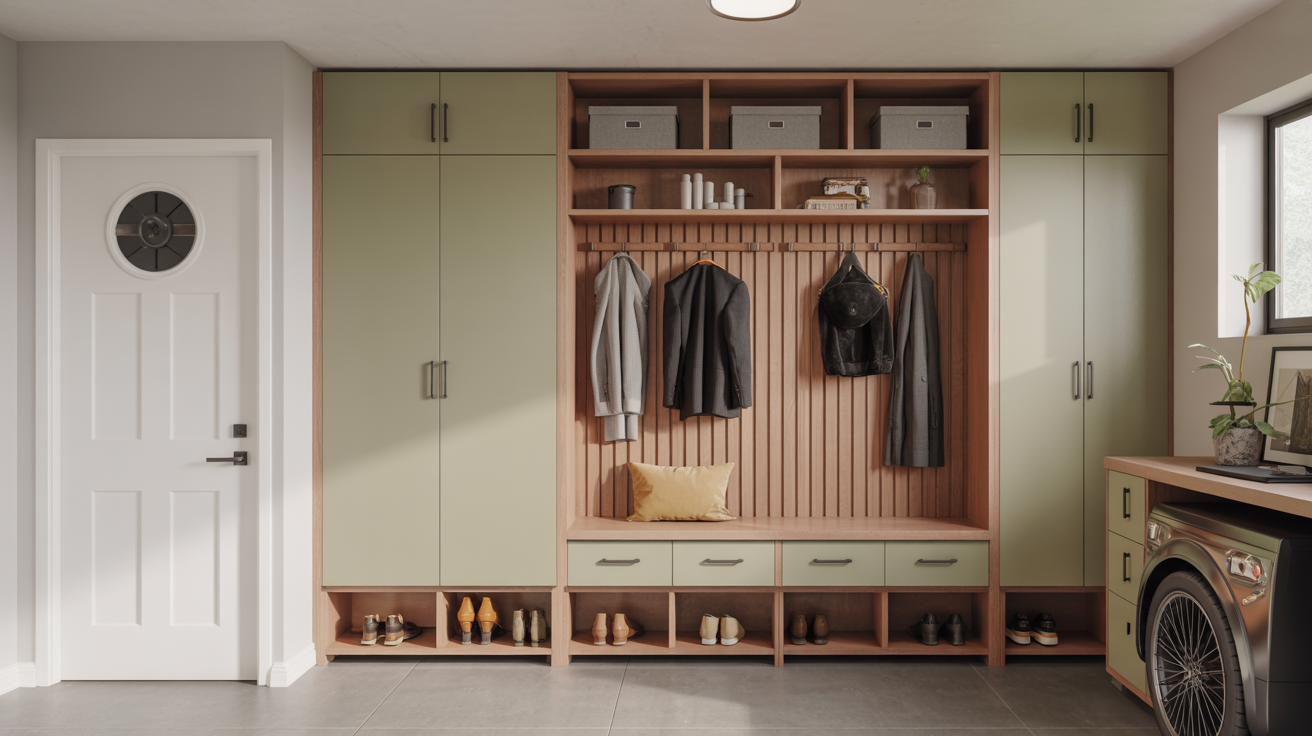 Garage mudroom bench and locker arrangement near the entry door