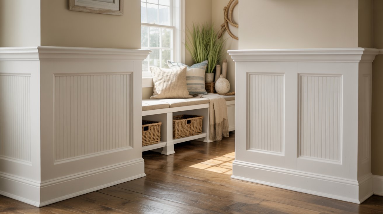 Board and batten entryway with beadboard panels creating charming coastal-inspired texture.