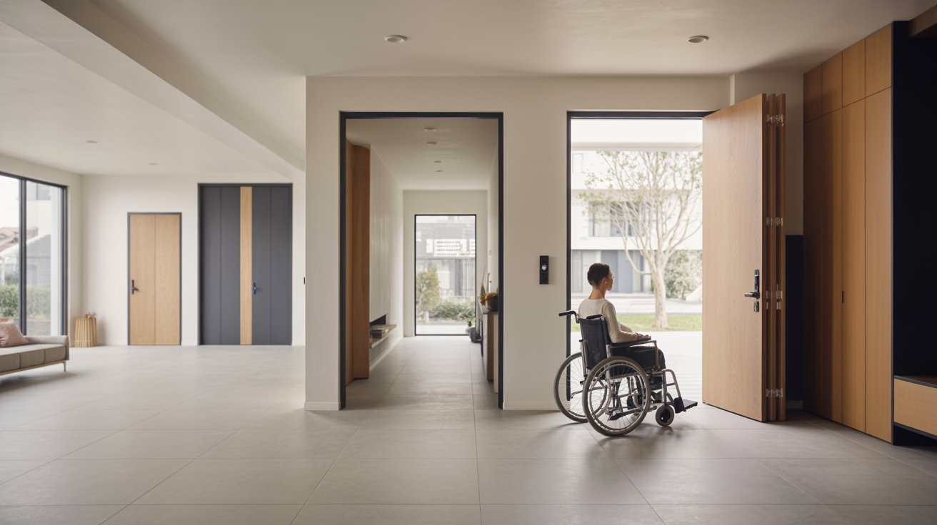 Accessible wide doorway interior design emphasizing wheelchair-friendly home layout and spacious movement flow