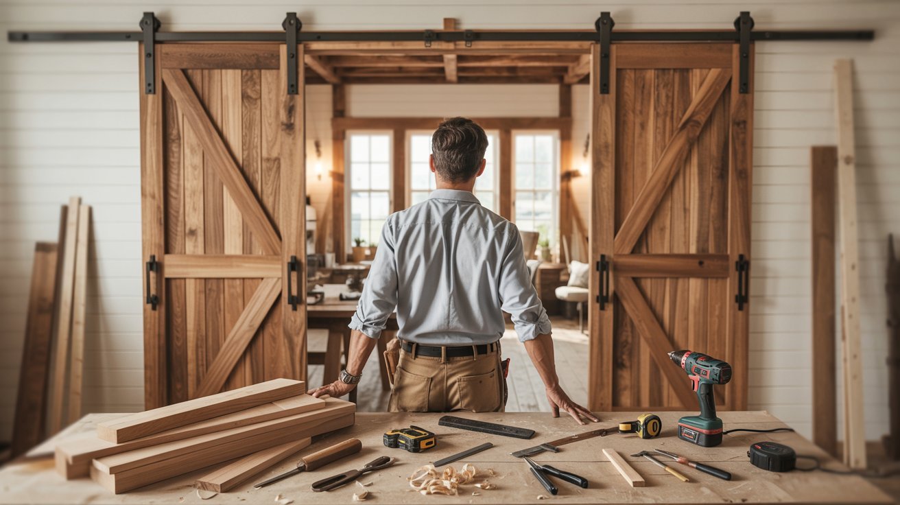 Barn door construction process in workshop with tools, unfinished wooden doors, farmhouse interior setting.