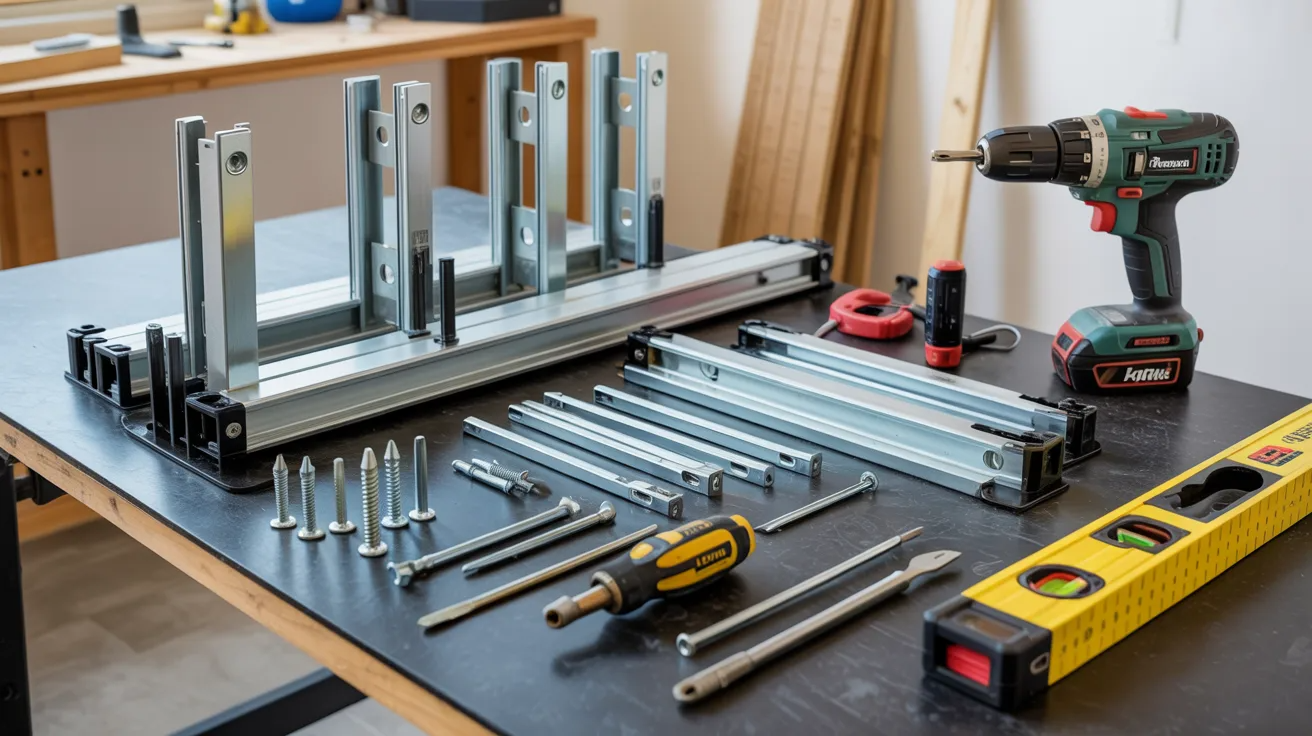 All bifold door installation tools including track kit, pivot brackets, screws, drill, level, and measuring tape arranged for DIY setup.