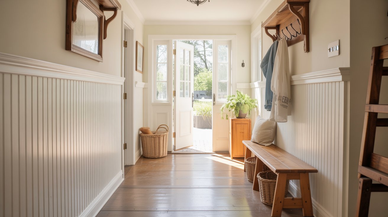 Warm farmhouse entryway featuring classic board and batten wall paneling