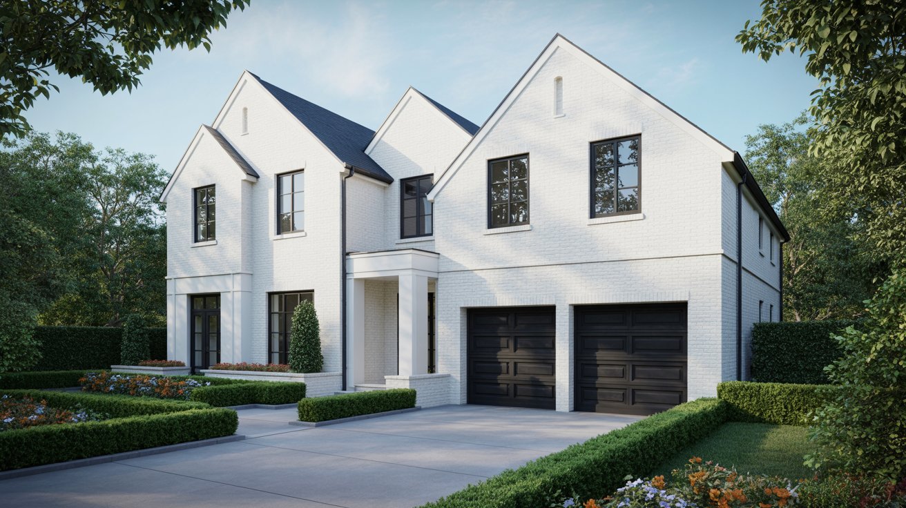 "White brick house with black garage doors and matching black window frames for timeless curb appeal."