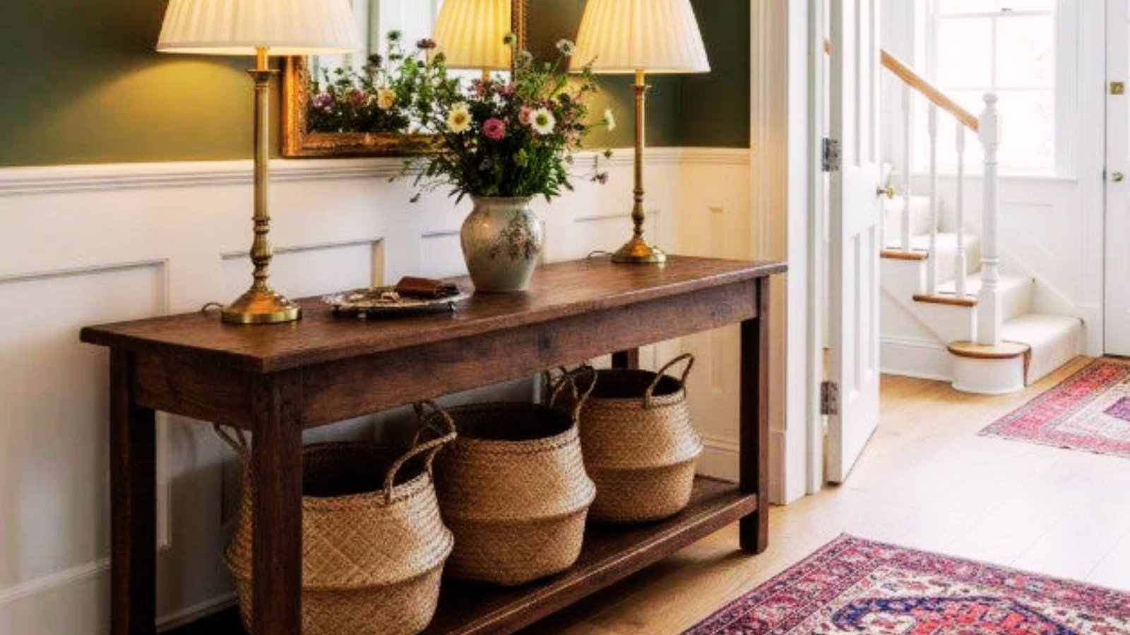 Slim entryway table near a front door with everyday necessities and decor.