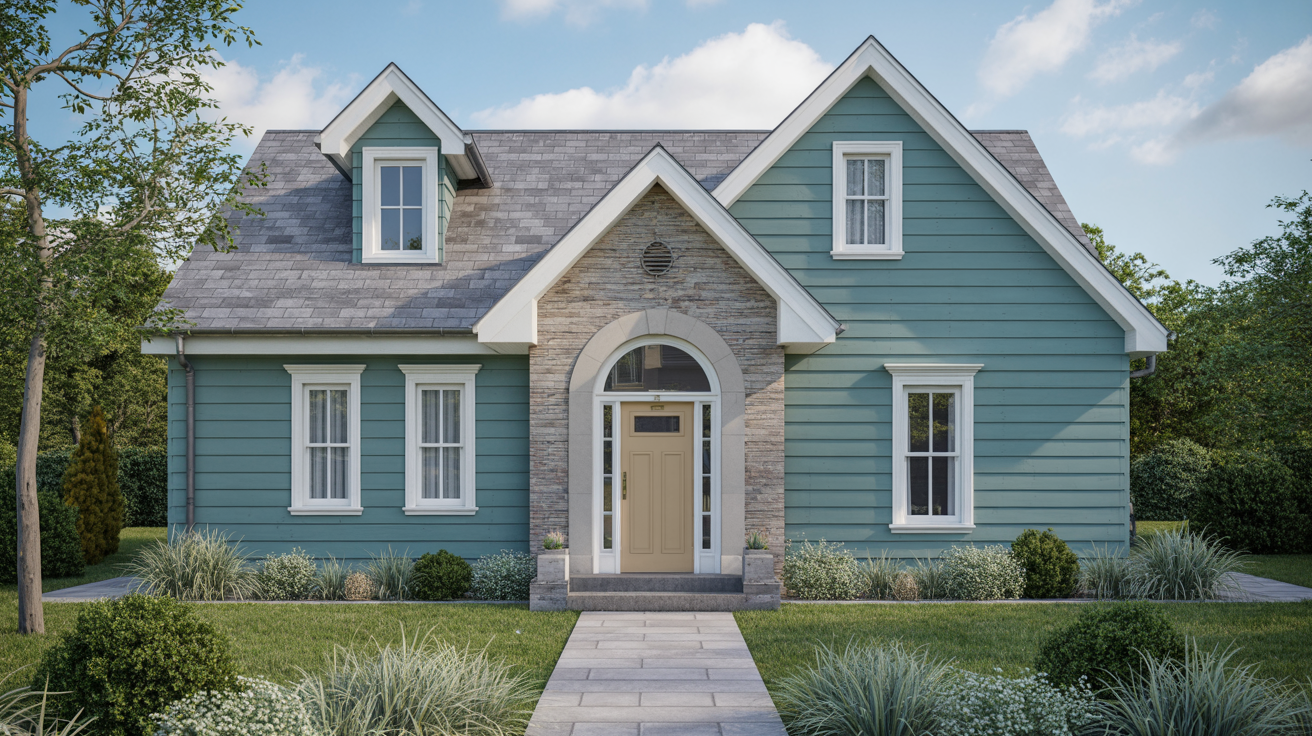 Blue house featuring a neutral beige front door.
