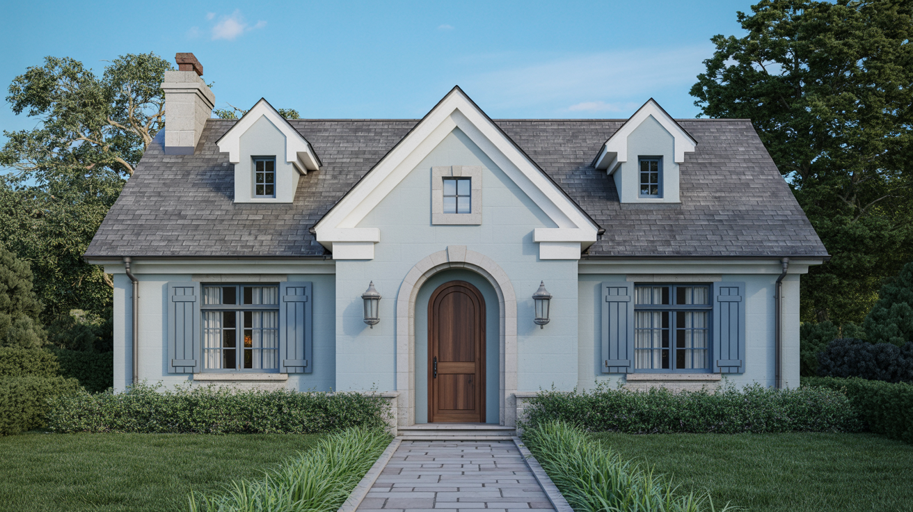 Blue home featuring a warm wood-tone front door.