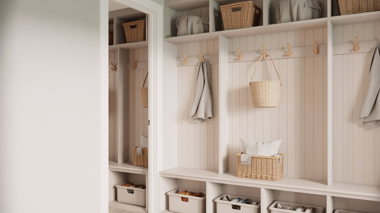 "Scandinavian mudroom with light wood, white walls, and minimalist organized entryway storage."