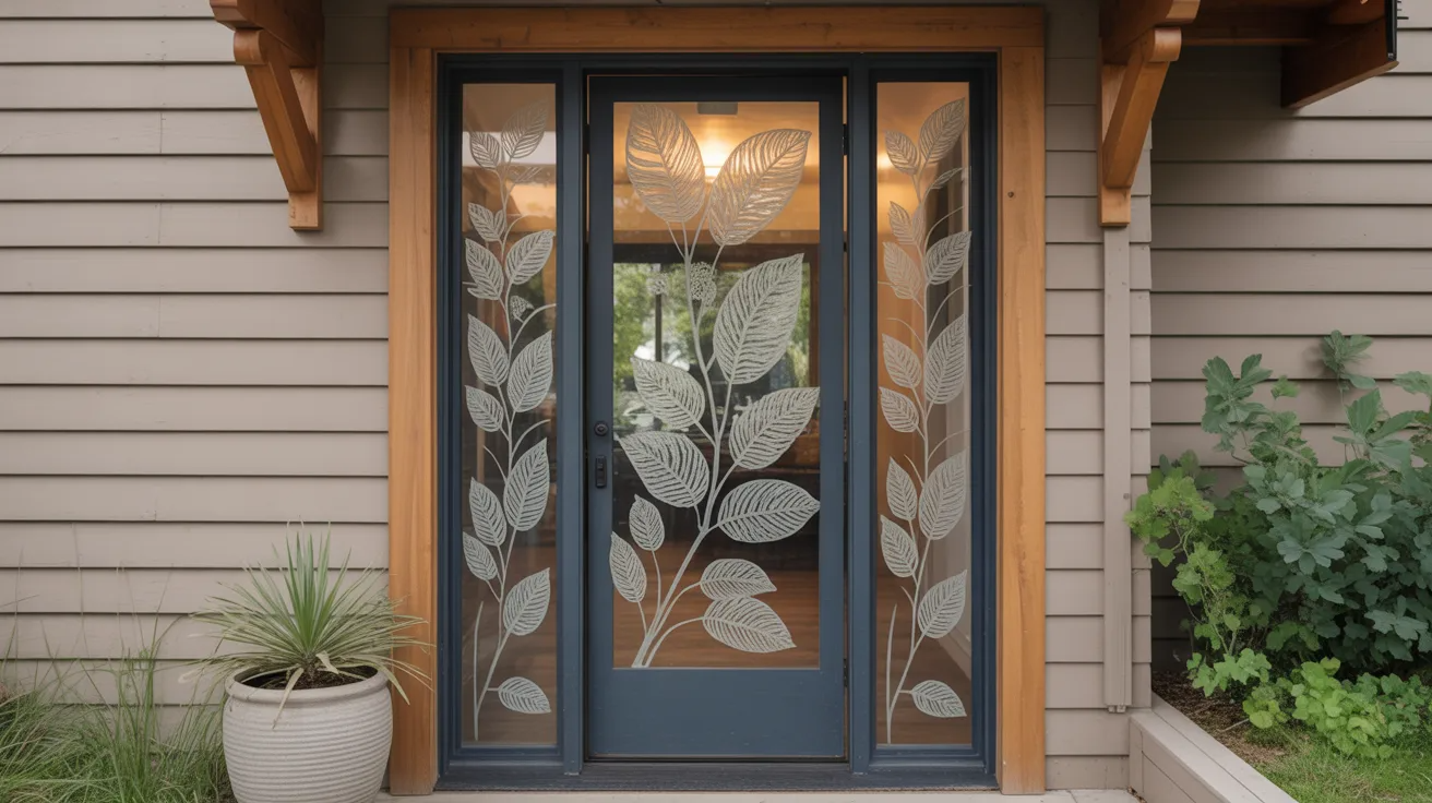 Front door with nature-inspired leaf etched glass creating an organic and earthy entryway design.