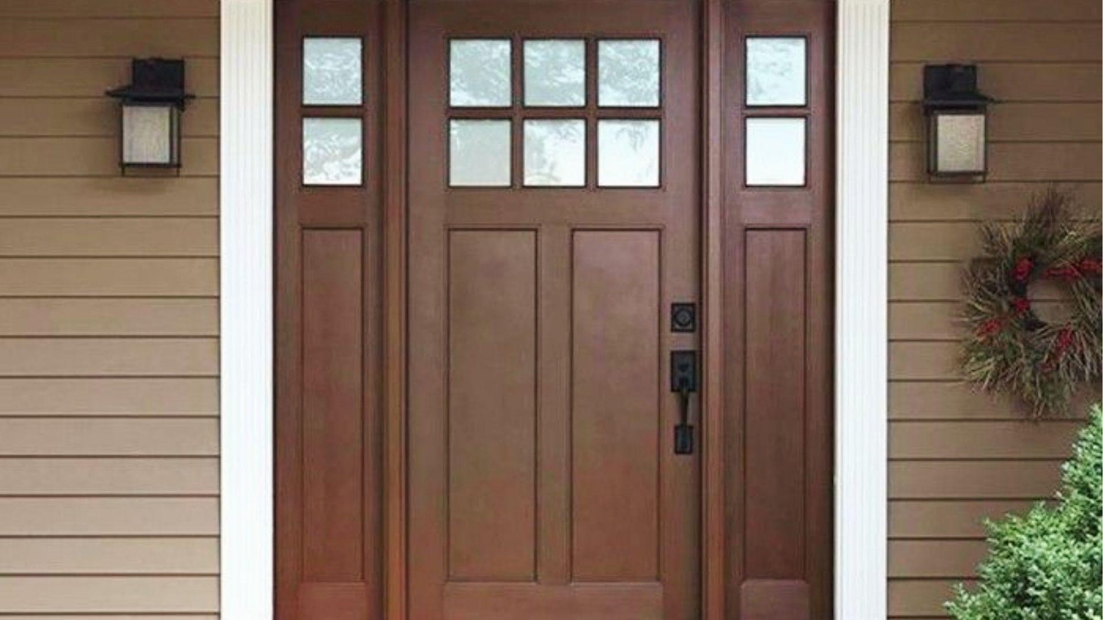 Brown insulated craftsman exterior door with frosted glass sidelights and panels ideal for cold weather homes