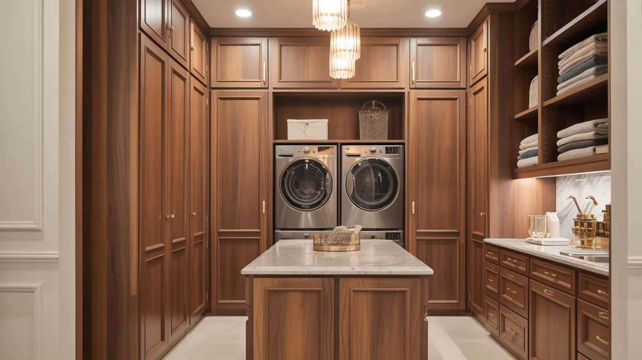 Custom cabinet-style doors hiding a laundry closet.