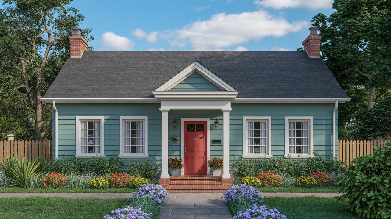 Blue home featuring a bright red front door for bold curb appeal.