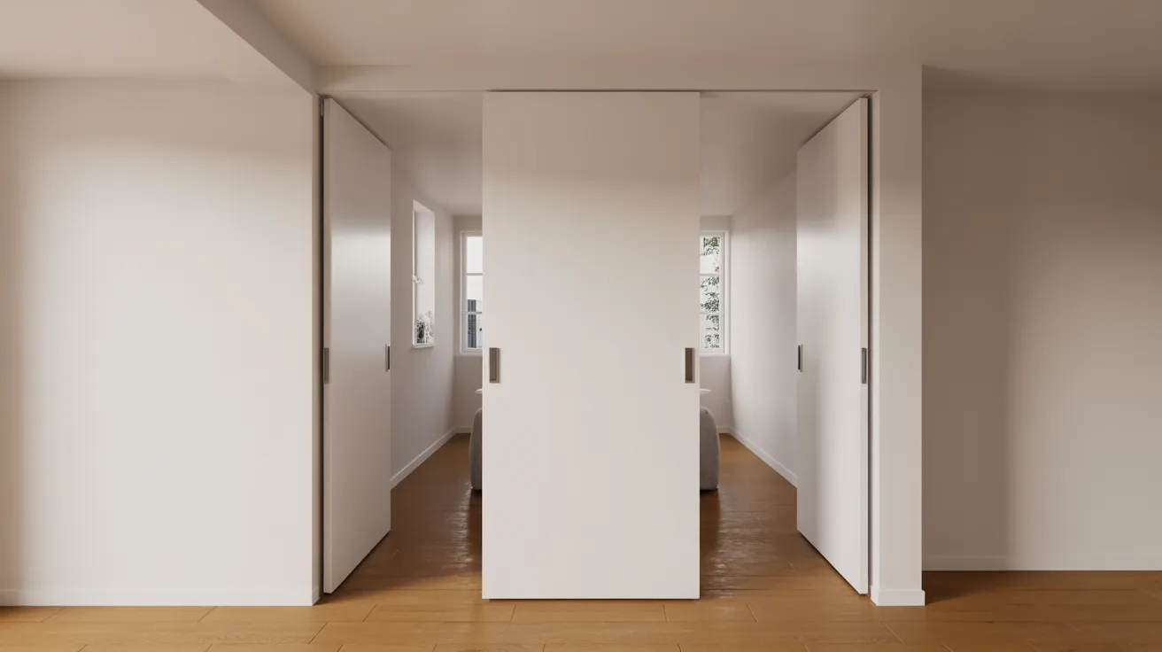 Internal pocket door installed between rooms in a modern home hallway