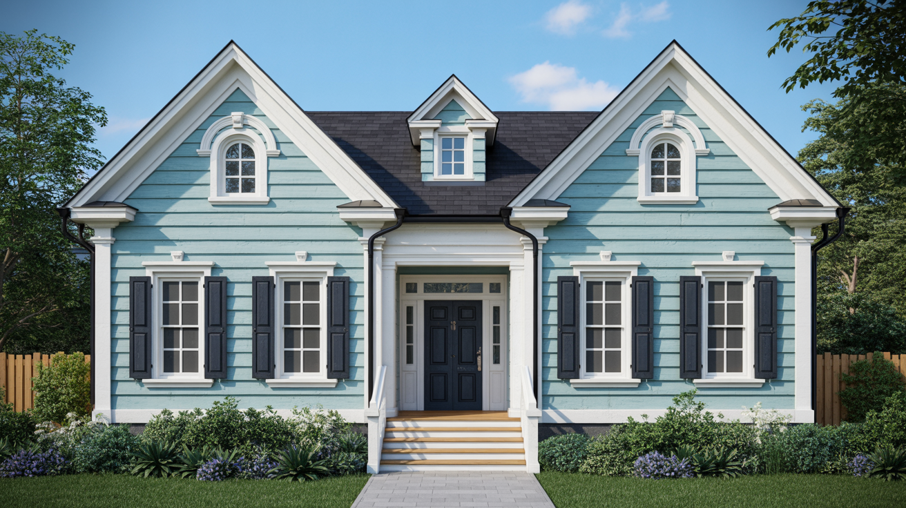 Light blue house with a darker navy blue front door.