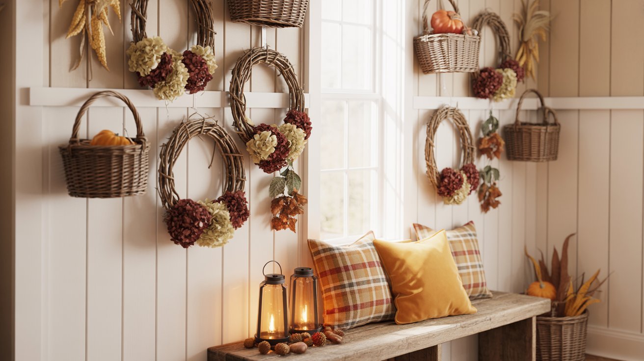 Seasonal farmhouse decor on a board and batten entryway wall.