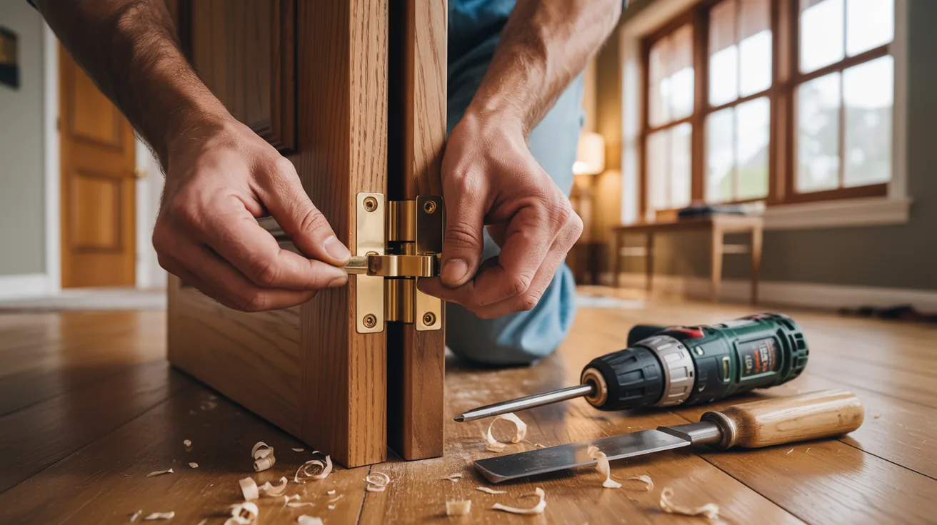 Person installing door hinges on a wooden interior door using a drill and chisel