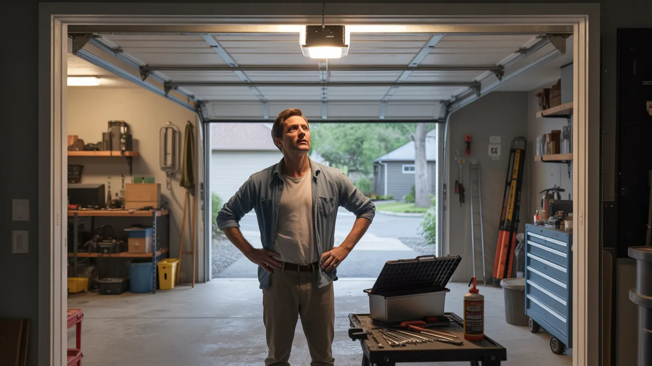Homeowner troubleshooting a garage door that will not close all the way