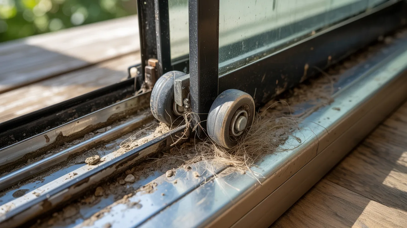 Realistic sliding door track with dirt buildup and roller misalignment causing hard movement.