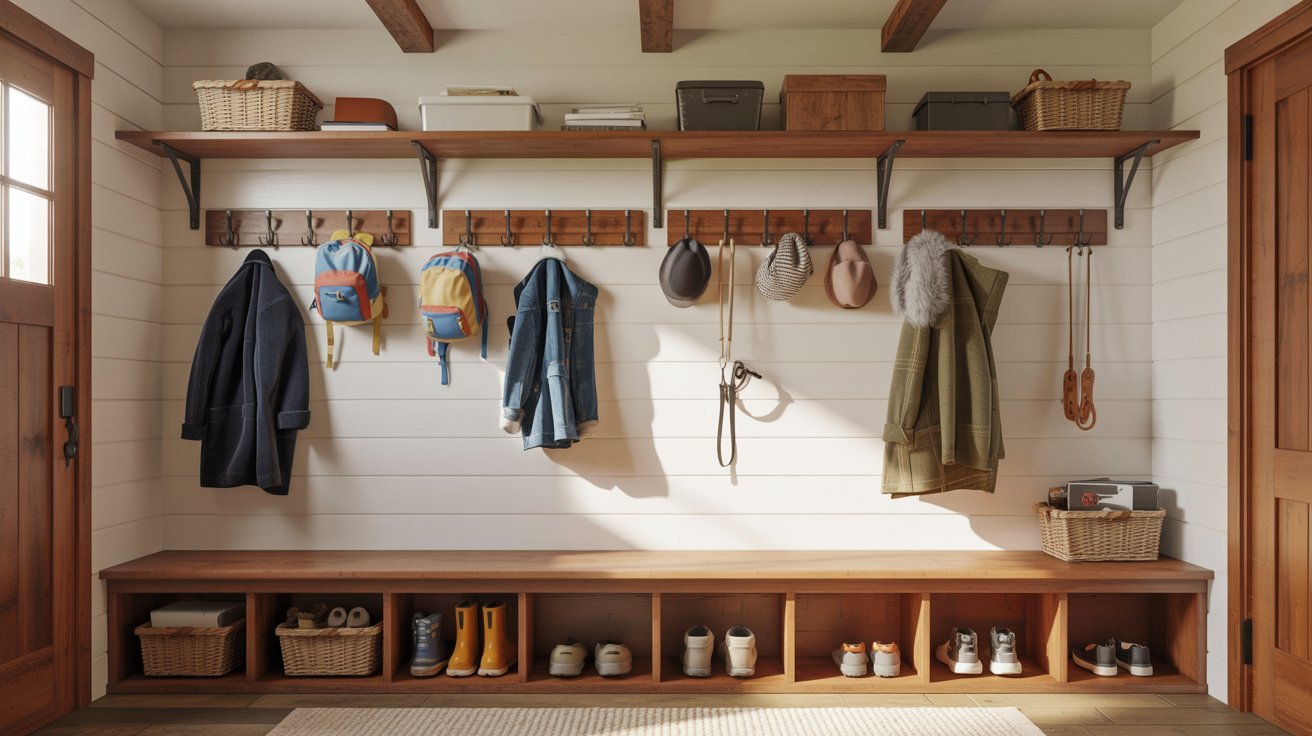 "Mudroom wall hooks organizing coats, backpacks, hats, and dog leashes in a functional modern entryway."
