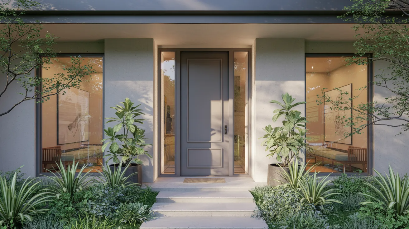 Feng shui front door with clean entry, plants, soft light, and calm balanced energy flow.