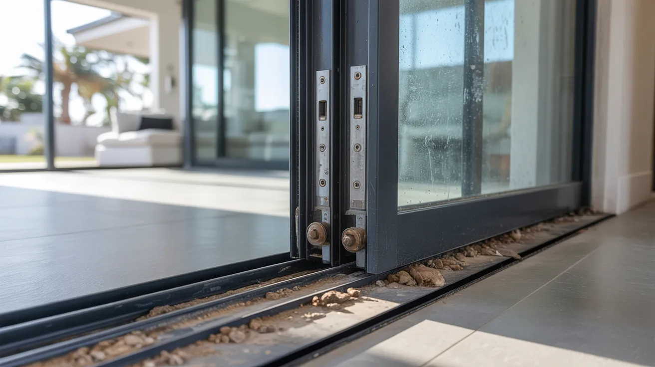 Realistic sliding glass door stuck on dirty track showing roller and frame issues causing difficulty in movement.