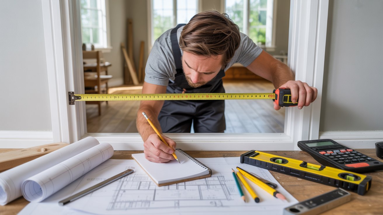 Measuring doorway width and height while planning barn door dimensions and overlap.
