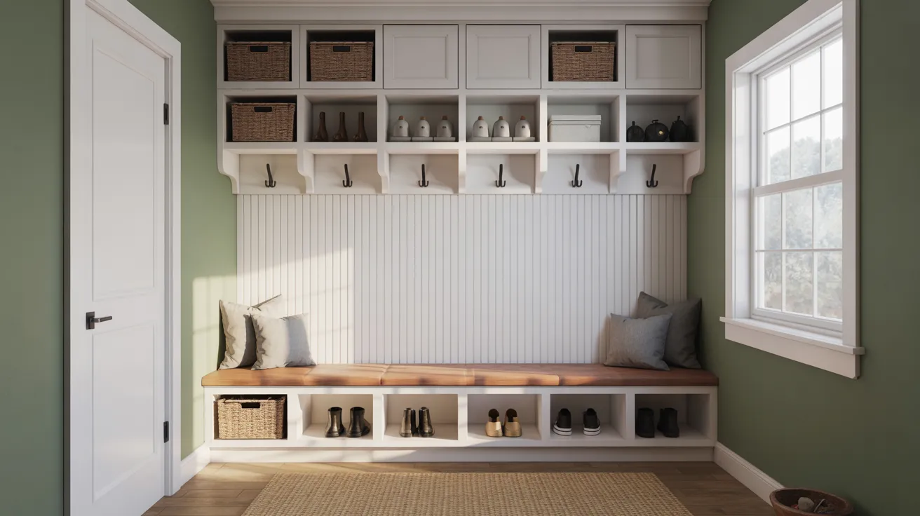 Split-level mudroom bench designed with different heights for kids and adults for better usability.