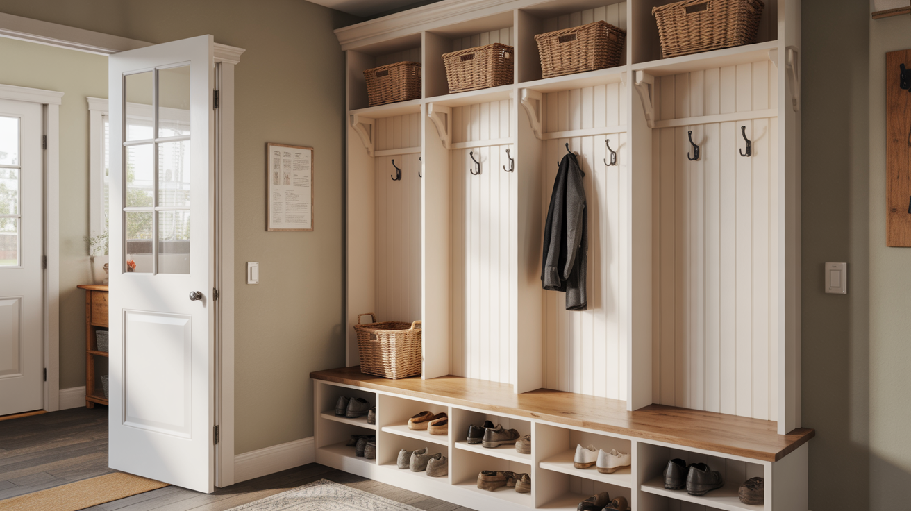 DIY mudroom bench with open cubbies and coat hooks in a modern farmhouse entryway