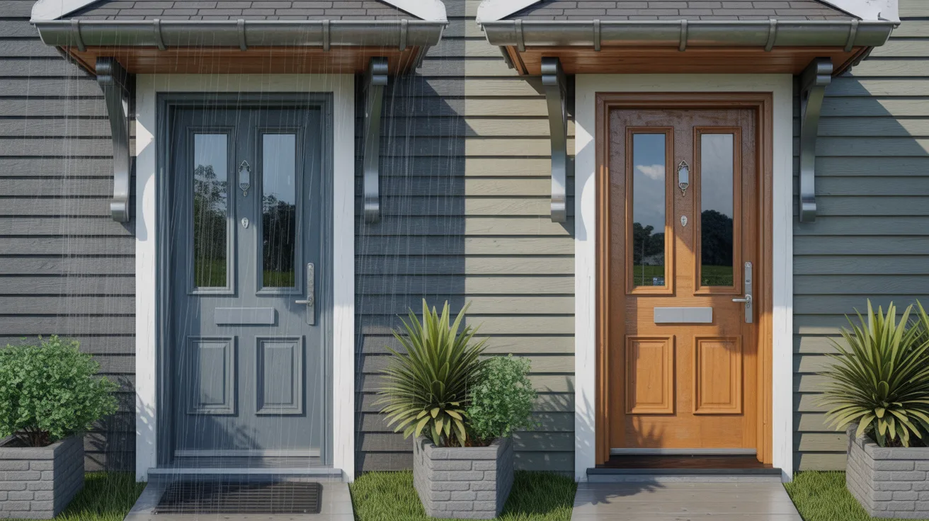 Visual comparison of composite and wood door frames in different conditions.