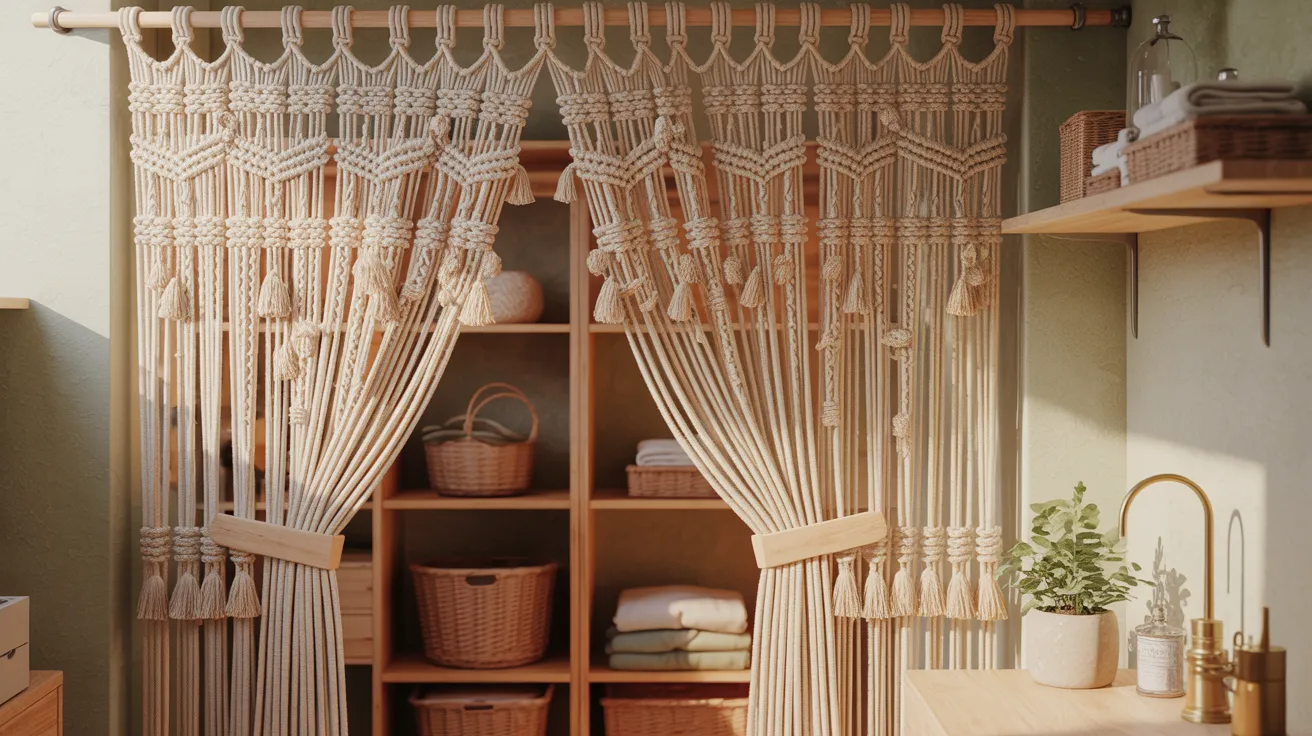 Macrame curtain used instead of laundry closet doors.