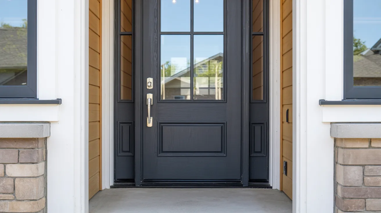 Realistic new home exterior showing freshly installed front door with clean frame alignment and finished entrance details.