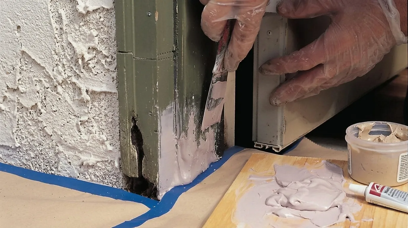 Person applying epoxy wood filler to a rotten section of a wooden door frame
