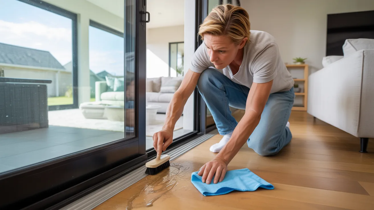 Homeowner cleaning a sliding door track with a brush and cloth