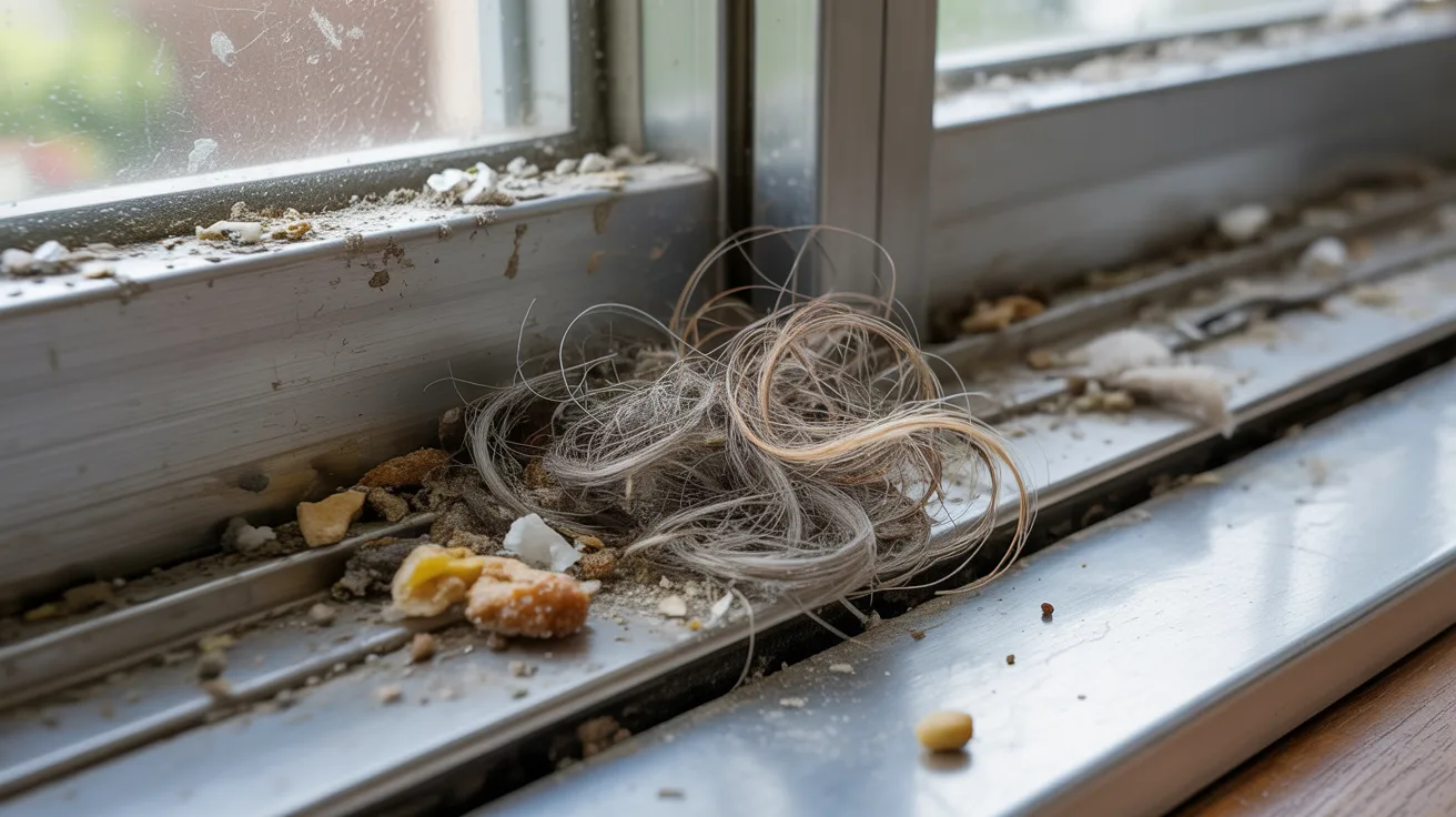 Dirty sliding door track filled with dust and debris causing friction