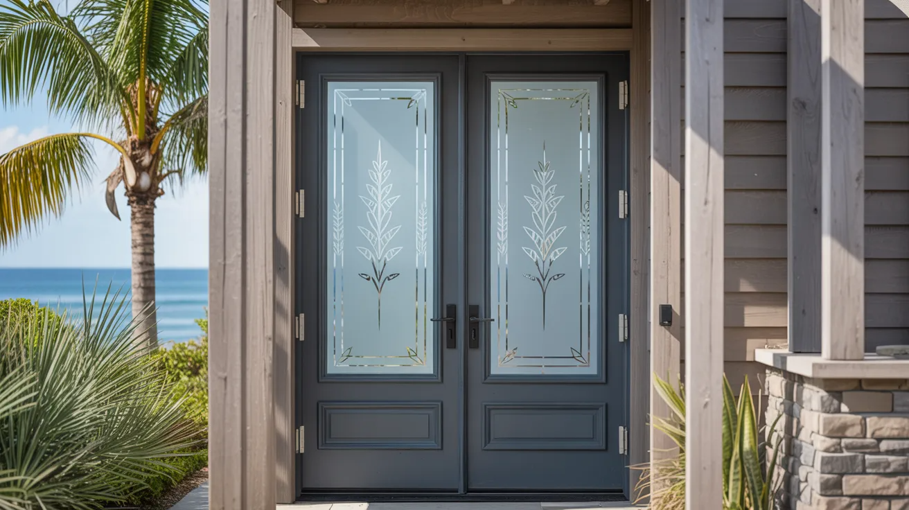 Hurricane-impact rated etched glass entry door designed for safety and modern style.