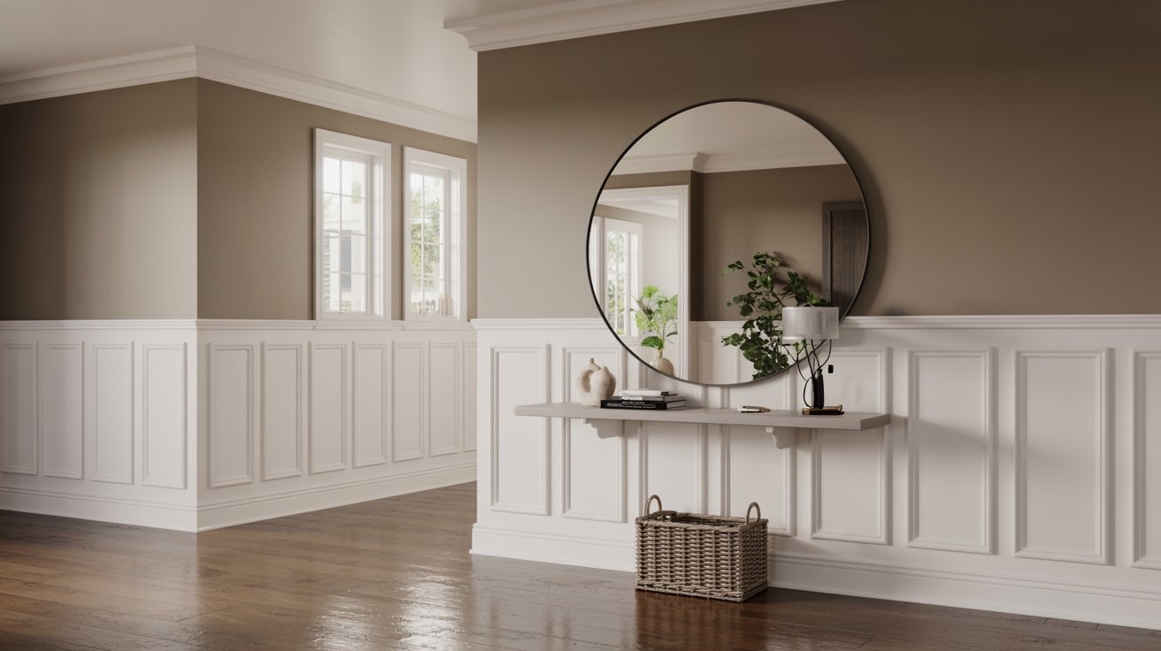 Half-wall board and batten entryway with airy design and soft neutral colors.
